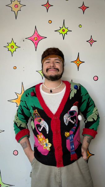 Y2K Christmas Cardigan Ugly Sweater Holiday Party Knit Cozy Vintage Style L
