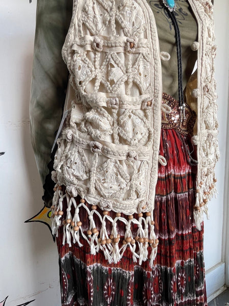 Vintage 80s 90s Off-White Silk Crochet Fringe Beaded Western Boho Vest M