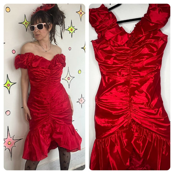 Vintage 80s Shiny Red Poofy Party Dress Prom Wild Glam New Wave Formal M