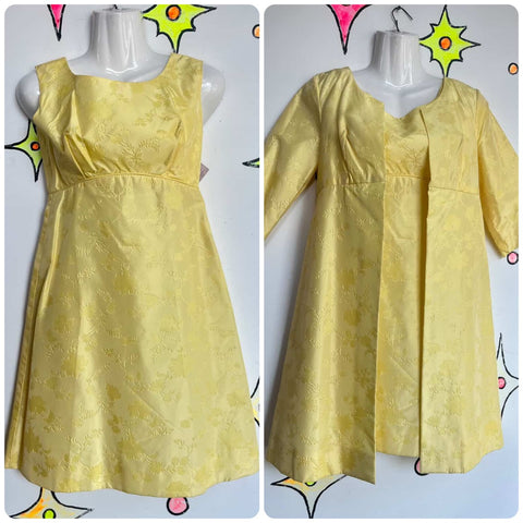 Vintage 1960s MOD Yellow Satin 2-Piece Mini Dress Set - Handmade Formal XS