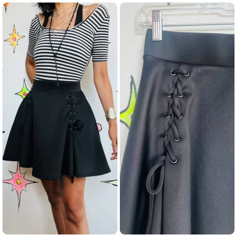 Y2K Black Lace Up Babydoll Mini Skirt | Stretchy Goth Fairy Hot Topic Skirt | S