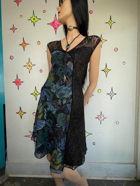 Y2K Lace Asymmetrical Dress | Black Teal Fairy Grunge Whimsy Goth Midi Dress M