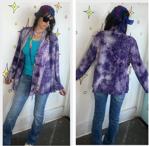 Y2K Purple Bling Tie Dye Duster Open Flowing Fairy Grunge Sparkly Cardigan L/XL