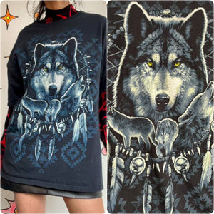 90s Y2K | Native American Wolf Pack Dreamcatcher Tee T Shirt | Size L