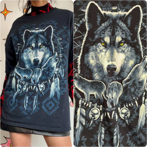 90s Y2K | Native American Wolf Pack Dreamcatcher Tee T Shirt | Size L