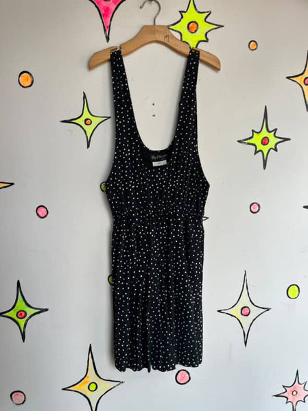 Vintage 80s Black & White Polka Dot Romper Mini Dress / Skort Whimsy Goth Small