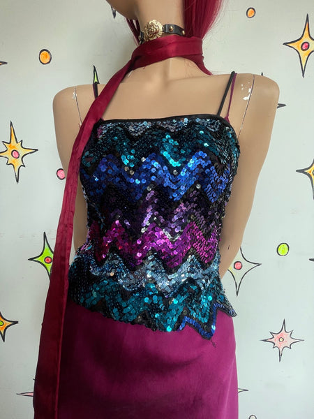 Vintage 70s Fully Sequined Chevron Striped Disco Top Glam Studio 54 Party S