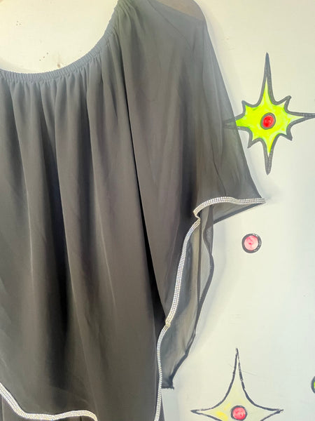 Vintage Y2K Black Off-Shoulder Rhinestone Jumpsuit | Disco Glam Party – XL
