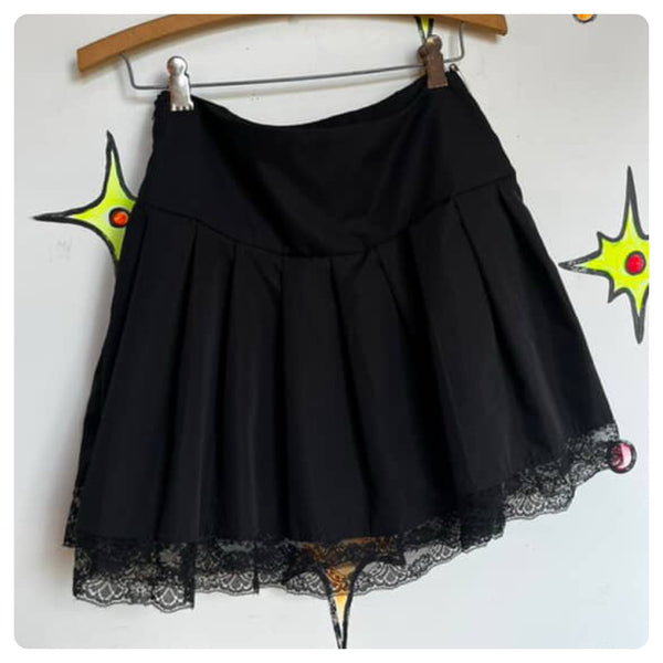 Vintage 90s Y2K Black Pleated Goth Fairy Coquette Babydoll Mini Skirt w Lace | S