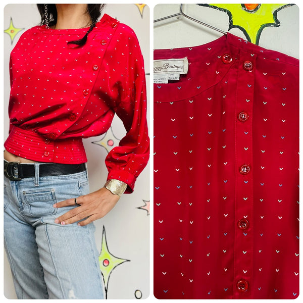 Vintage 80s Pink Rainbow Polka Dot Hearts Blouse | Academia Office Charm Top | S
