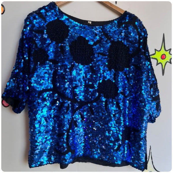 Vintage 70s 80s | Metallic Blue Sequin Disco Glam Dolman Sleeve Blouse Top | L