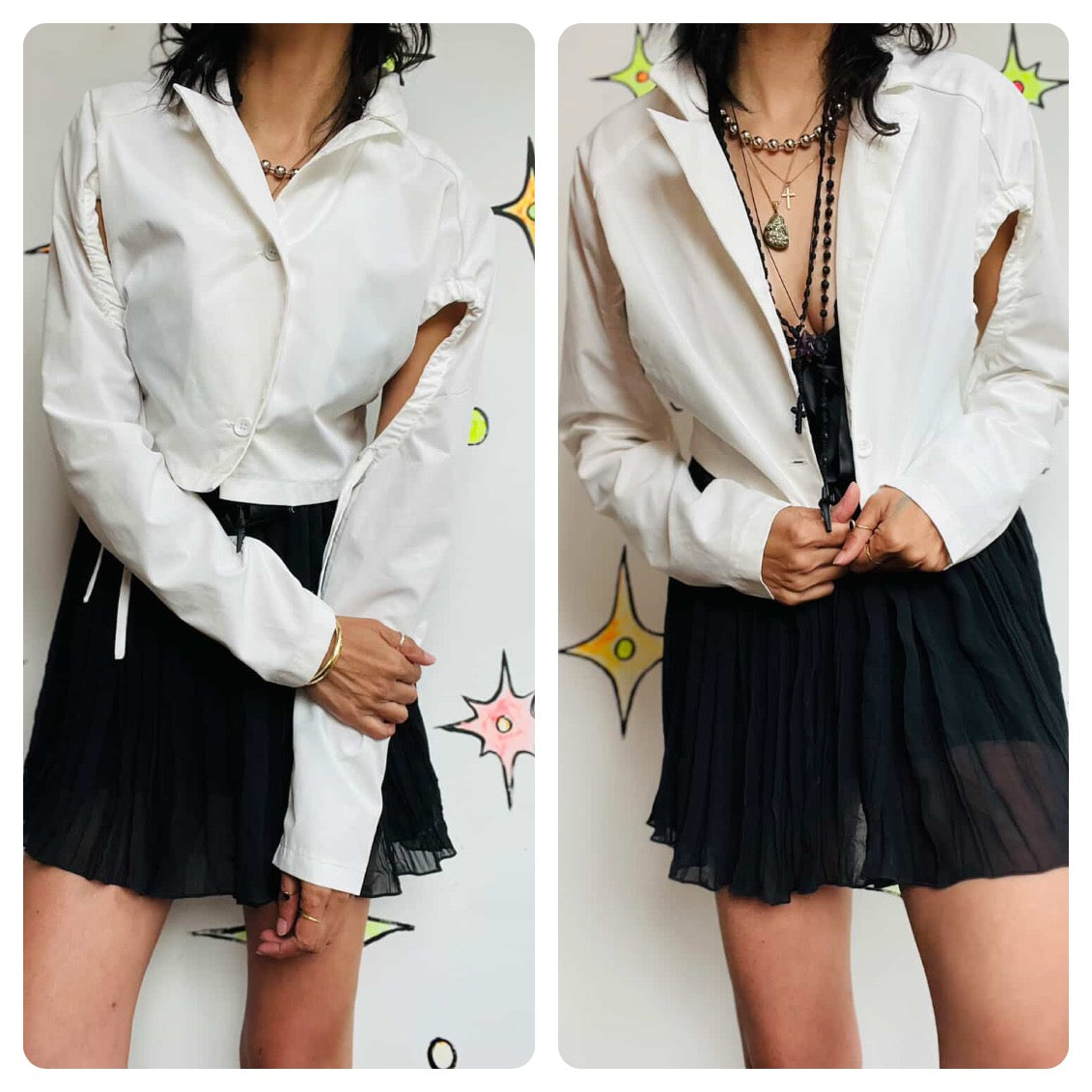 Y2K White Deconstructed Post Apocyliptic Utility Crop Button Down Shirt - S/M