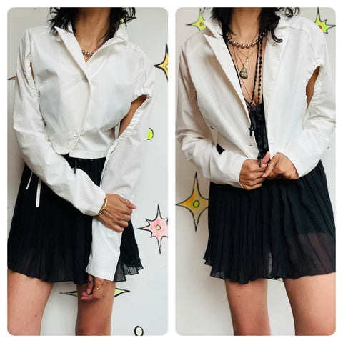 Y2K White Deconstructed Post Apocyliptic Utility Crop Button Down Shirt - S/M
