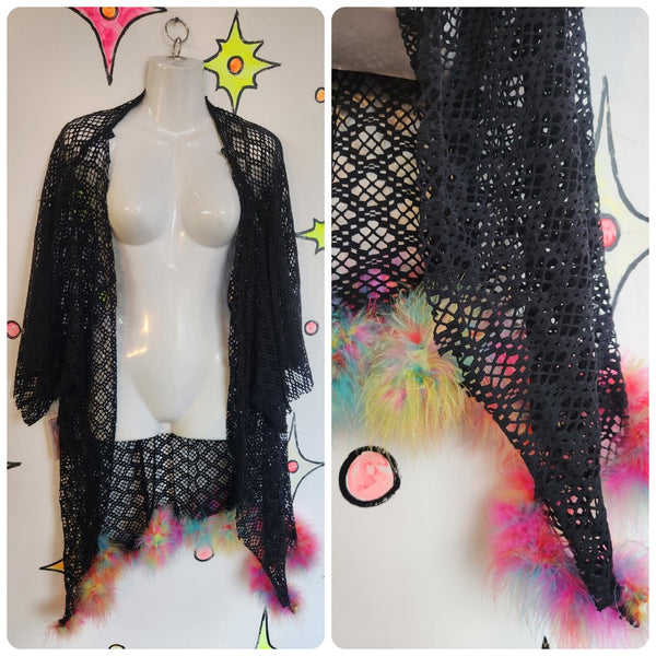 Y2K Rainbow Feather Trim Kimono Rave Cyber Grunge Japanese Streetwear