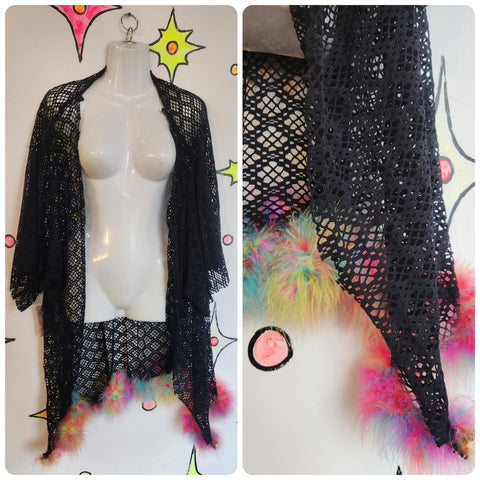 Vintage Y2K | Rave Black Crochet Kimono Duster Robe | Rainbow Feather Trim