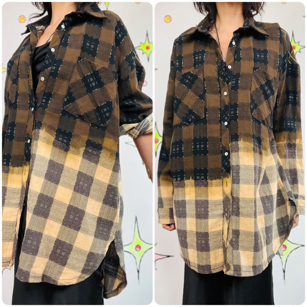 Y2K Brown Boho Grunge Plaid Patchwork Flannel Oversized Boyfriend Shirt M