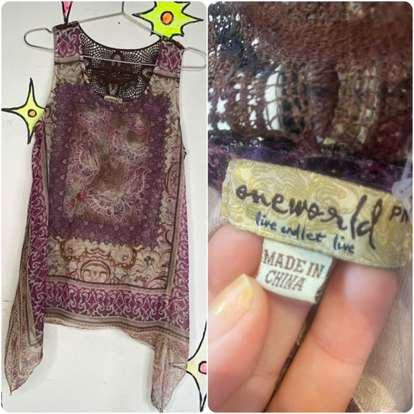Y2K Abstract Tattoo Print Sheer Mesh Fairy Grunge Tank Top Crochet Back M