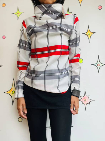 Vintage 70s 80s White & Red Plaid Secretary Blouse - Retro Statement Top - S M