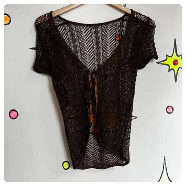 Vintage Y2K Brown Crochet Babydoll Top - Ribbon & Lace Fairy Grunge Dream - S