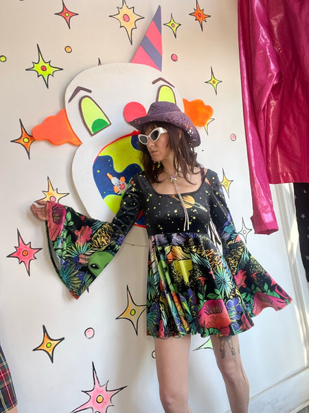 Black Velvet Alien Neon Scene Mini Dress - Bell Sleeves Rave Festival Hippie L