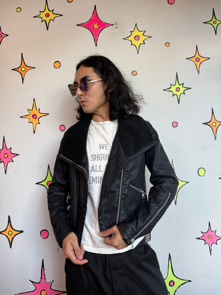 Y2K Vegan Leather Moto Jacket Black Goth Grunge Biker Glam Rocker Cropped M