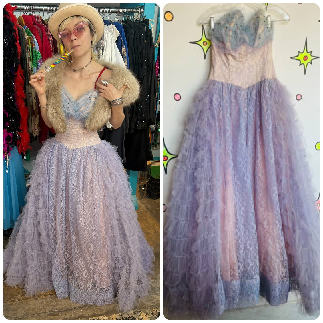 Vintage 50s 60s Lavender Lace Prom Party Cupcake Dress | Fit & Flare TuTu | XS