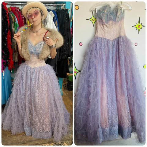 Vintage 50s 60s Lavender Lace Prom Party Cupcake Dress | Fit & Flare TuTu | XS