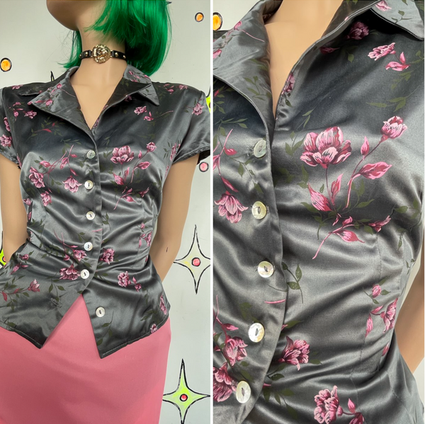 Vintage 90s Satin Floral Button Up Shirt Silver and Purple Fairy Grunge Blouse M