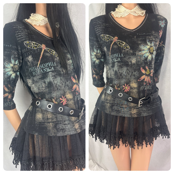 Vintage Y2K Grunge Fairy Whimsy Goth Tattoo Print Bling Wearable Art Top - M