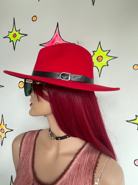 Cherry Red Felt Western Boho Hat Wide Brim Grunge Festival Fedora