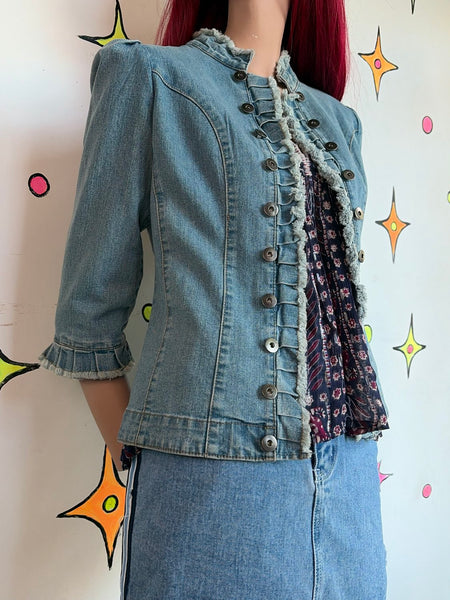 Y2K Denim Military Jacket Soft Grunge Ruffled Utility Blazer Fairy Coquette S
