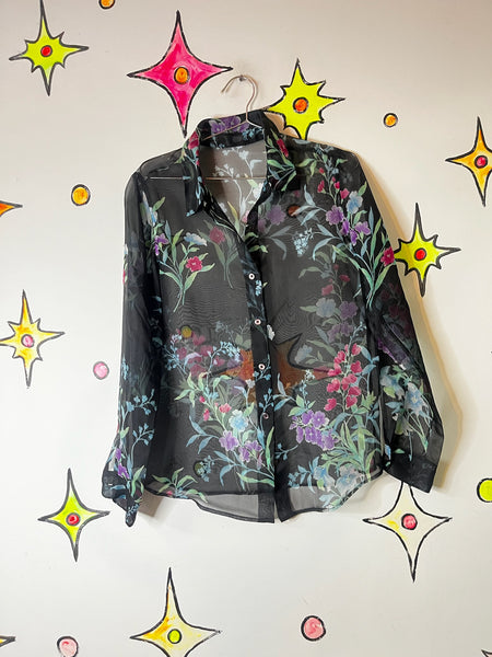 Vintage 90s Sheer Black Floral Long Sleeve Blouse | Whimsy Goth Fairy Grunge | M