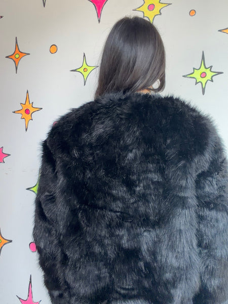 Vintage Black Vegan Fur Coat Glam Goth Femme Fatale Dramatic Evening Jacket L