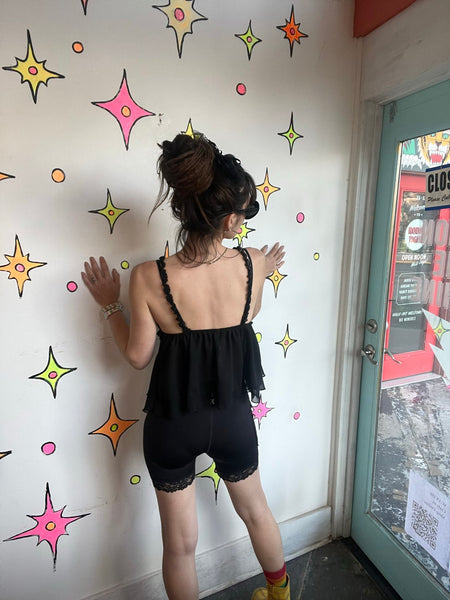 Black Ruffle Babydoll Cami Whimsy Goth Fairycore Romantic Lounge Top L