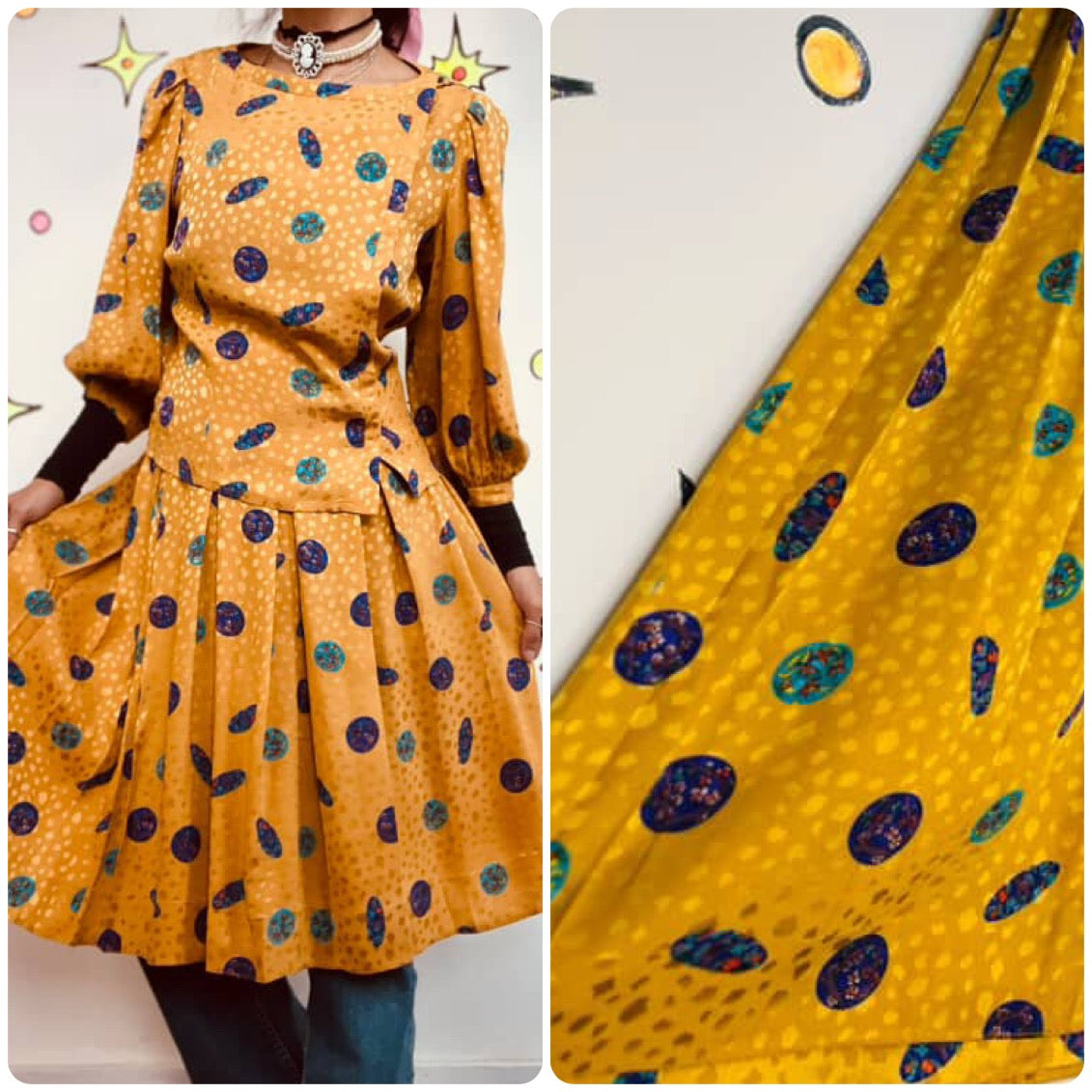 Vintage 80s Rainbow Silk Wearable Art Goddess Secretary Dress Set – Small