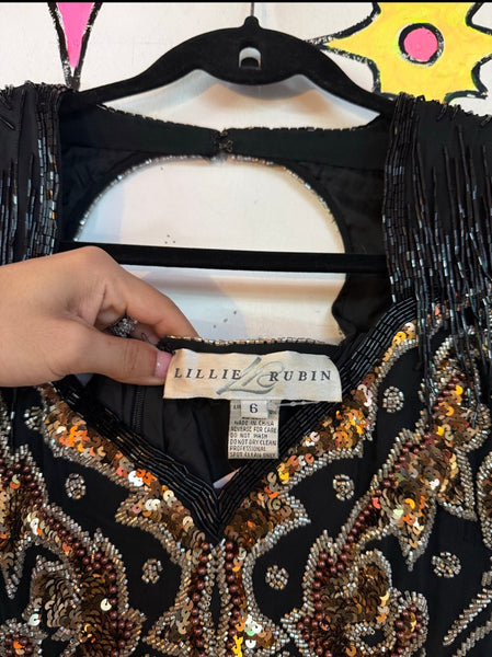 80s Black & Gold Beaded Silk Gown Fringe High Slit Old Money Mob Wife Glam S