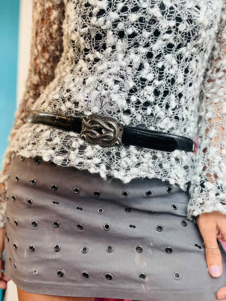 Vintage 90s Black Leather Western Belt - Silver Buckle & Embellishments - Size L