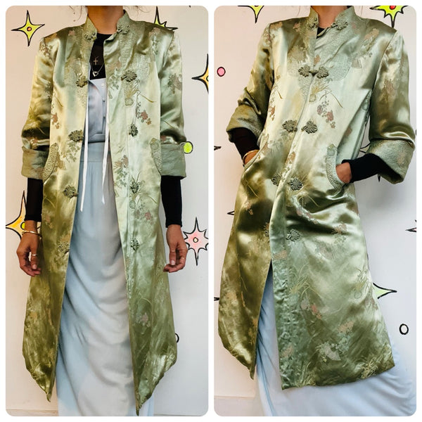 Jade Green Silk Robe Geisha Kimono | Vintage Lounge Boudoir Robe Size S - M