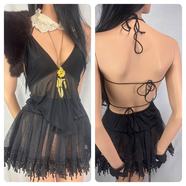 Y2K Black Strappy Halter Handkerchief Top Open Back Fairy Goth - M
