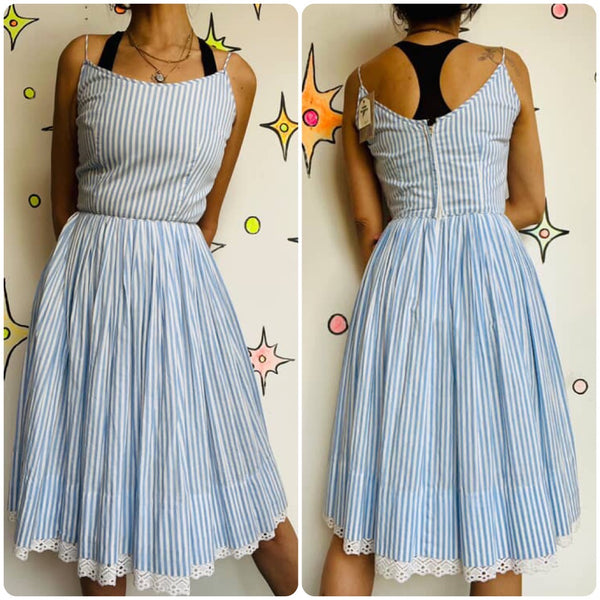 Vintage 1950s | Pastel Blue Striped Fit and Flare Cotton Day Dress | S M