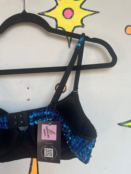 Blue Beaded Bra Top | Y2K Festival Mermaid Glam Sequin Bralette S