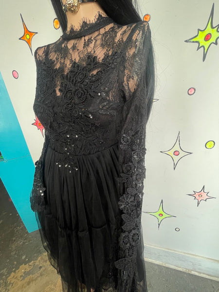 Vintage 80s Goth Lace Tulle Dress Black Romantic Vamp Tutu Maxi Prom Goth Gown S