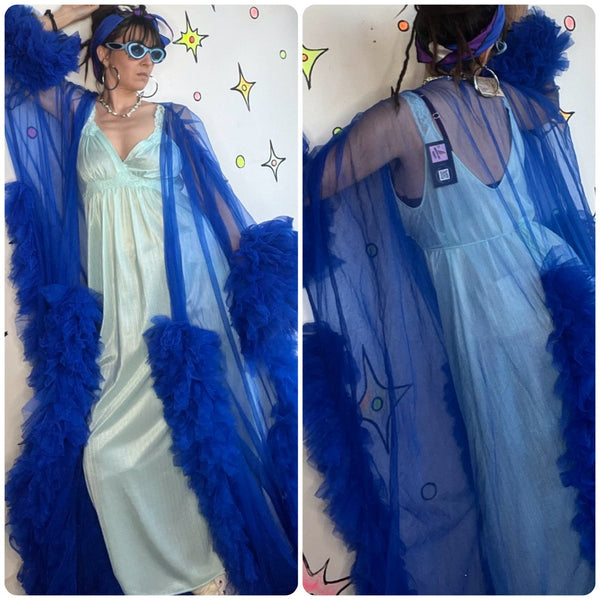 Old Hollywood Decadent Blue Chiffon Ruffle Robe – Sheer Lingerie Boudoir Glam