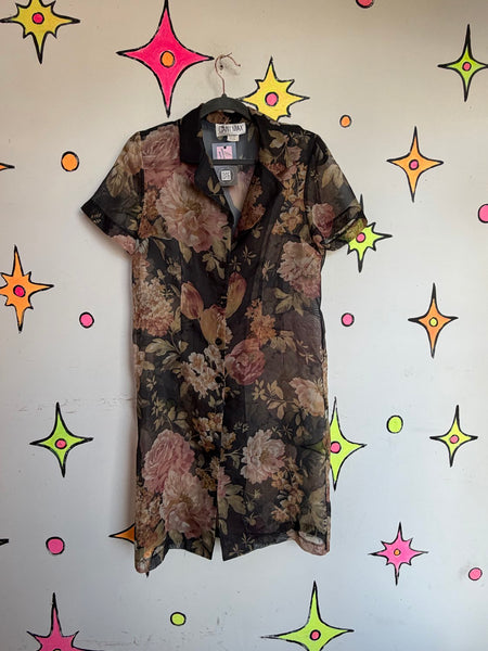 90s Vintage Black Floral Sheer Mini Dress Whimsigoth Fairy Grunge | M