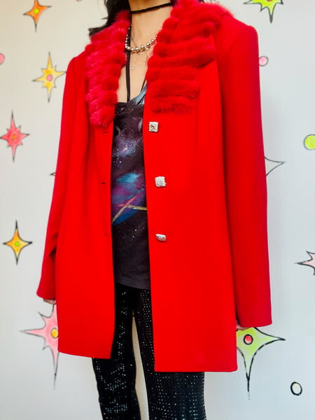 Vintage 80s Cherry Red Christmas Holiday Party Blazer – Glam Feather Trim XL+