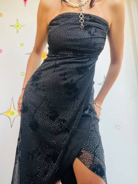 90s Y2K Black Glitter Strapless Fairy Goth Dress - Asymetric Hem Slip - Small