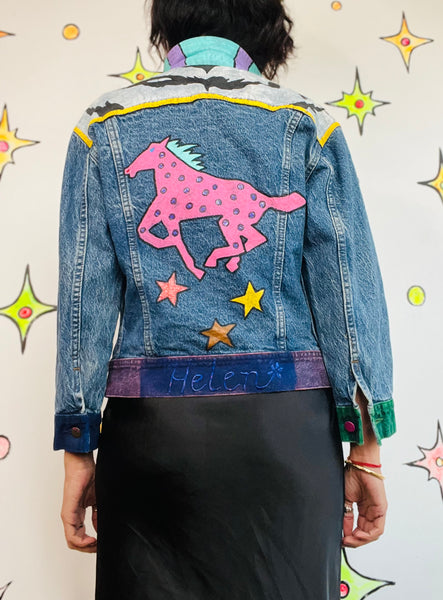 Vintage 80s 90s LEE Denim DIY Hand Painted Boho Grunge Jean Jacket S-M