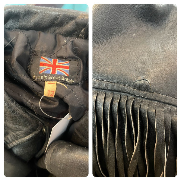 Vintage 80s 90s | Black Leather Jacket with Fringe Made in Great Britain | 12