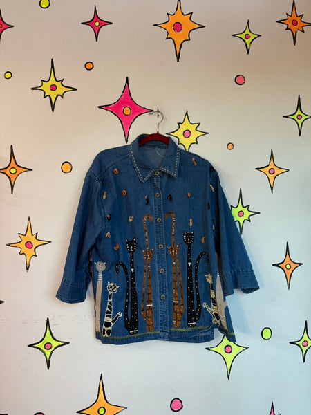 80s 90s Cat Print Shirt Embroidered Denim Button Up Kitschy Western Novelty L