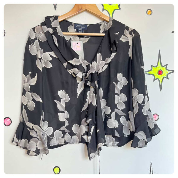 Vintage 90s Black Floral Silk Wrap Blouse - Fairy Grunge Whimsy Goth - Small